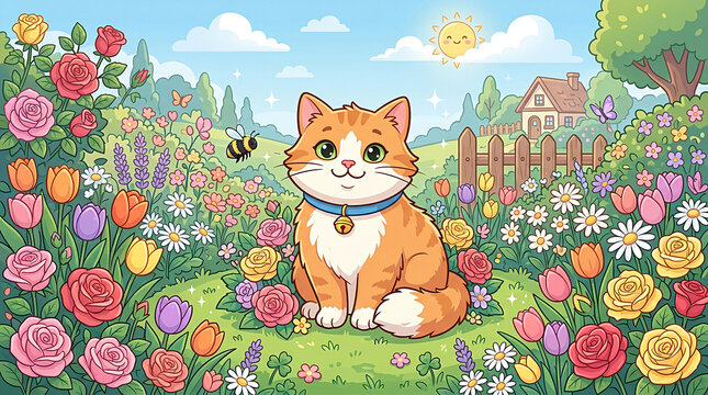AI-generated image of a cute ginger cat sitting in a sunny flower garden with roses and tulips