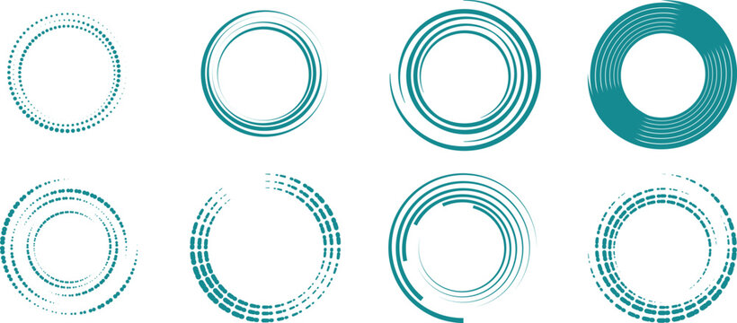 Modern teal circular frames and rings set with clean geometric lines. Minimal round borders and segmented loops for contemporary design. Abstract radial elements ideal for branding,  and decoration