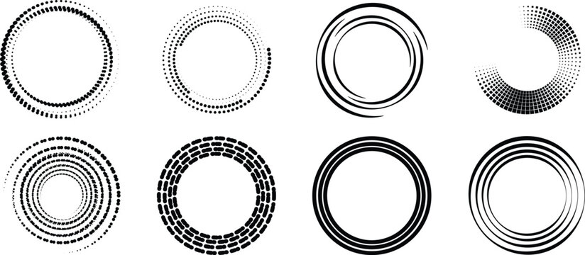 Abstract circular frames and rings set with modern line styles. Minimal geometric round borders in clean black design. Creative radial shapes for branding, logos, and decoration use.