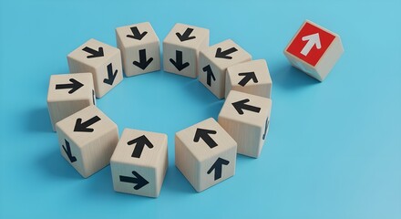 Fototapeta premium Arrows on wooden cubes, one red cube breaks circle, concept of individuality, change, and innovation