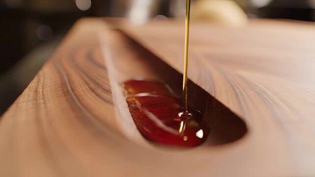 Closeup of golden oil dripping onto a wooden surface.