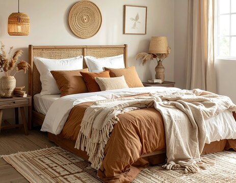 Warm-toned bedroom woven headboard, terracotta bedding, neutral rug, & straw accents create a cozy, inviting atmosphere