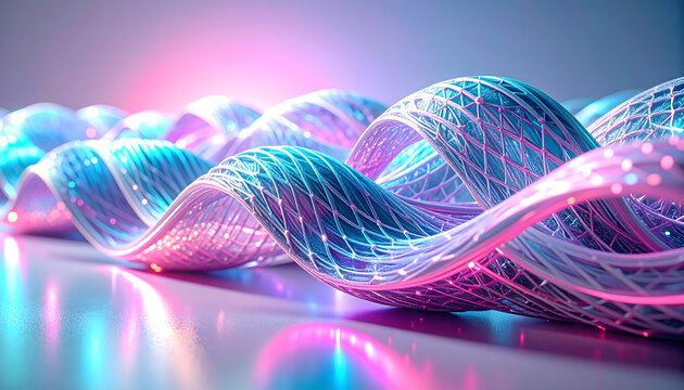 Futuristic, abstract tech background with a glowing, mesh-patterned waves in cyber-pink and blue, resting on a glossy surface. Connectivity and data structures themes, digital evolution concept
