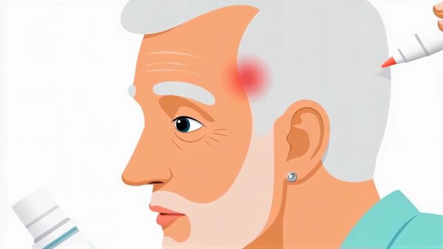 Older man applying cream to forehead at dermatologist visit. Skin care specialist applies lotion on patient's face. Clean dermatology clinic setting with professional tools. Dermatological