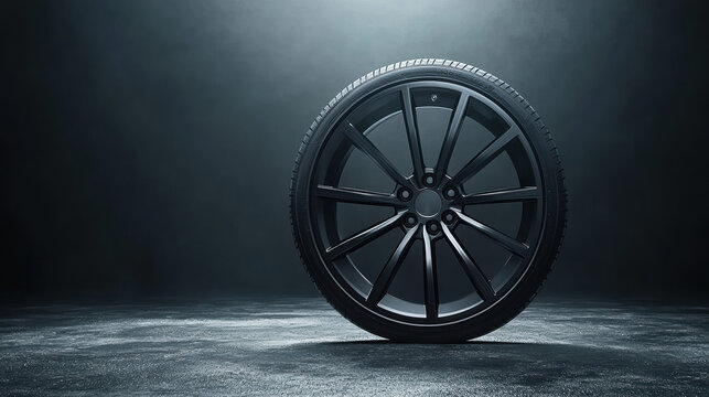 A sleek black car wheel with a detailed spoke design is displayed on a textured gray surface creating a modern and powerful automotive presentation scene.