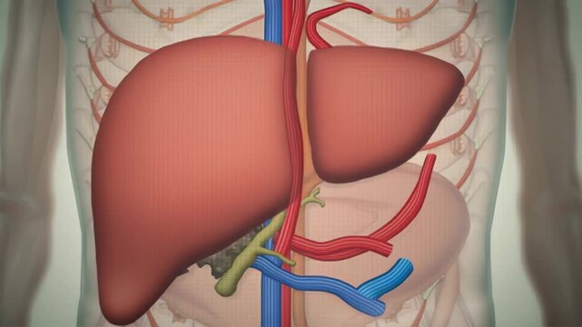 Liver cutaway revealing internal structures - 3D scene. Hepatocyte model with bile ducts pulsating smoothly. Realistic CGI rendering on light background. Gastroenterology, liver function analysis.
