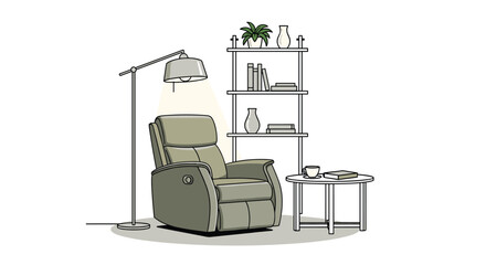 Fototapeta premium Peaceful reading space features a cushioned recliner chair, round coffee table, tall floor lamp, and a shelf with vases.
