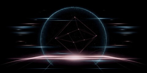 Fototapeta premium A futuristic geometric shape with glowing lines and a sphere is displayed on a black background with vibrant neon lights