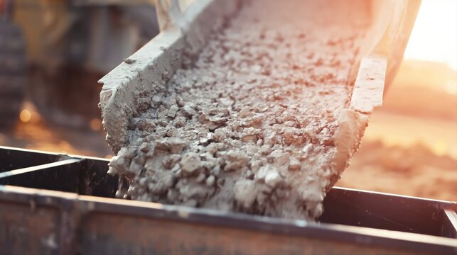 Wet concrete pours from a metal chute into a foundation mold at a construction site. Realistic cement and gravel textures highlight active building work.