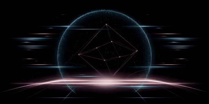 A futuristic geometric shape with glowing lines and a sphere is displayed on a black background with vibrant neon lights