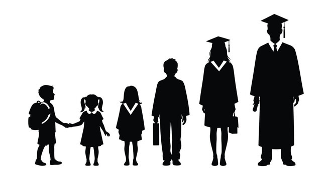 Growing up stages silhouette depicting children and graduate in black silhouette high quality professional detailed modern elegant stylish clean crisp vibrant