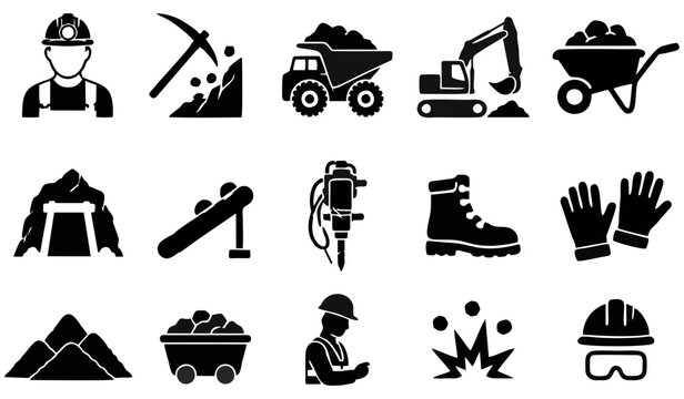 Mining, icon set. Extraction of minerals in the mine and surface, linear icons,vector mine.