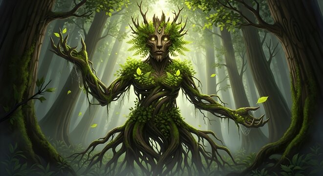 Mysterious tree spirit with glowing eyes emerges from a lush green forest.