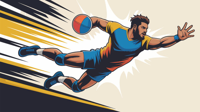 Dynamic kabaddi player in action pose jumping for raid in comic style vector illustration on sunburst background