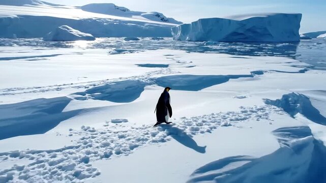 Penguin walking alone on snowy Antarctic ice floe