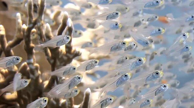 Shimmering school of translucent fish navigates a majestic coral labyrinth in crystal clear ocean waters. Their synchronized movement creates a breathtaking aquatic ballet under the bright sun.