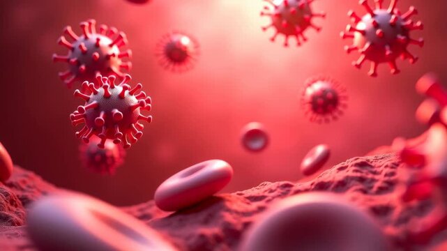 Viruses interact with blood cells in tissue. Pathogens infect red corpuscles. Microscopic view of viral infection. Immunology, disease transmission. Concept of health and immunity.