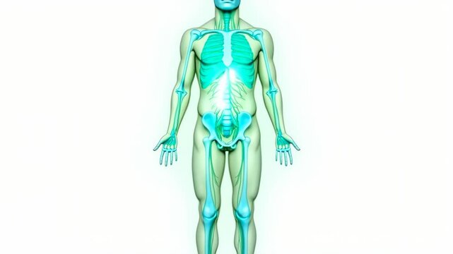 Full-body skeleton model - transparent view. Human anatomy bones highlighted. Clear CGI rendering on white background. Orthopedics, musculoskeletal system. Concept of structure and support.