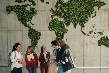 Group of diverse students smiling and discussing in front of a concrete wall with a large green moss world map © Zamrznuti tonovi