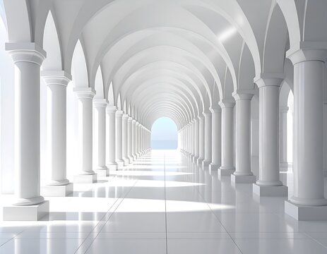 White colonnaded hallway leading to a distant vista