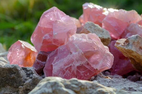 Pink cobalto calcite crystals sparkling in sunlight on rock surface, showcasing natural facets and geological beauty