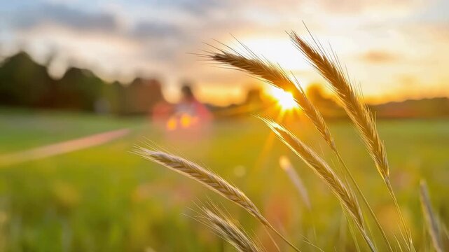 Green grass field thriving under the warm glow of a summer sunset, symbolizing growth, harvest, and the longest day's natural beauty or a peaceful agricultural evening