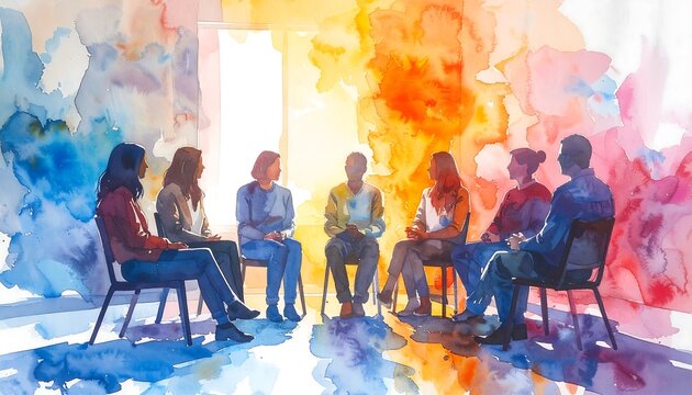 Watercolor illustration of diverse people in a circle, warm and cool colors around them
