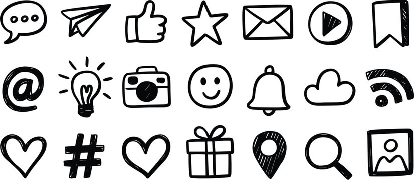 Hand- Drawn Social Media and Internet Icons in Black and White social media icons internet symbols