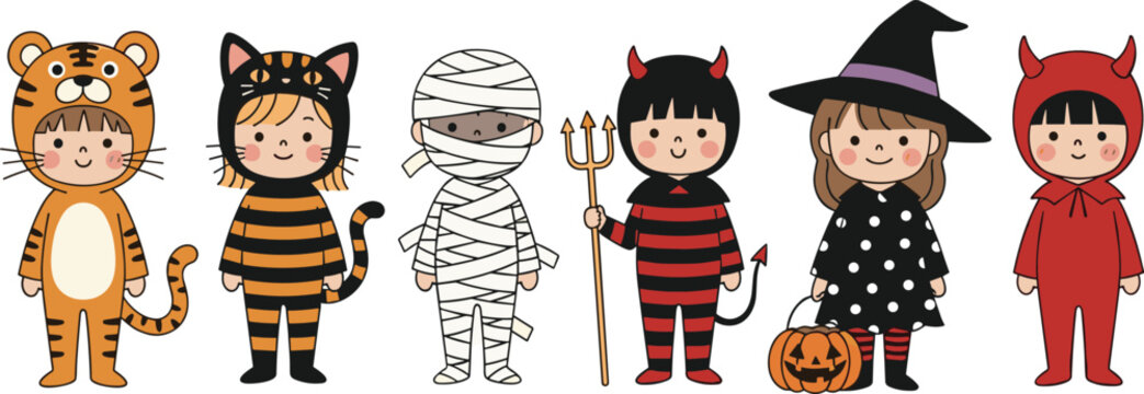 Cute kids Halloween costumes collection with tiger cat mummy devil witch and demon vector illustration set