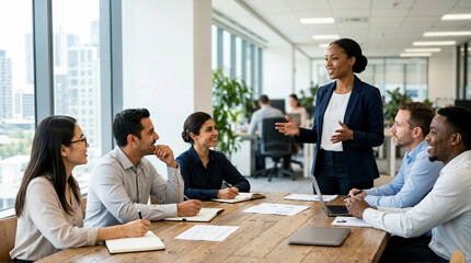 Obraz premium Smiling businesswoman leading a team meeting in a modern office. Diverse group of corporate professionals collaborating at a conference table. Leadership and teamwork concept