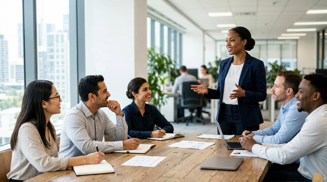 Smiling businesswoman leading a team meeting in a modern office. Diverse group of corporate professionals collaborating at a conference table. Leadership and teamwork concept