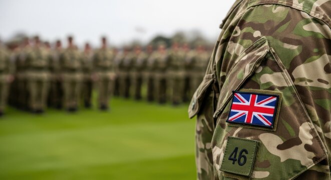 A close up view of a british flag patch on military camouflage clothing with soldiers in background
