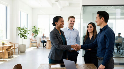 Obraz premium Multiracial business team shaking hands in a modern office. Diverse professionals reaching an agreement during a corporate meeting. Partnership and collaboration concept