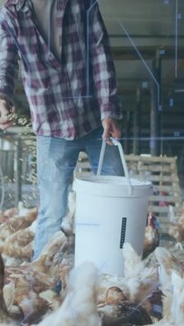 Vertical video: Man walking in coop with bucket, tossing feed and feeding hens while HUD appearing