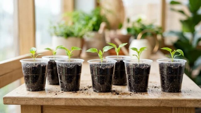Young green seedlings sprouting in row of clear plastic cups filled with soil on wooden table. Indoor home gardening and plant propagation concept for beginner growers starting spring vegetables