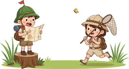 Cute little explorers with map and butterfly net in adventure cartoon kids vector illustration set © Prodip