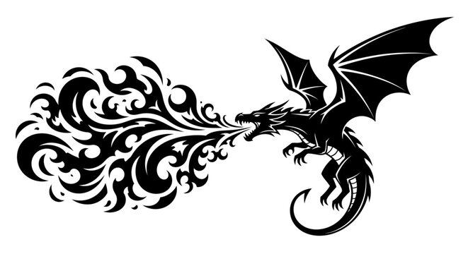 Dark fantasy flying dragon silhouette breathing powerful fiery tribal flames, detailed mythical creature graphic design