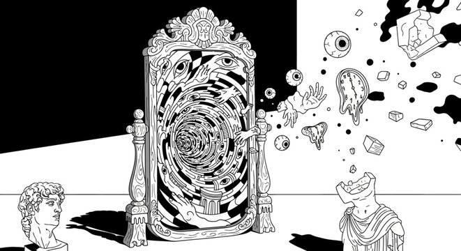 Surreal Black and White Illustration: Ornate Mirror Portal with Swirling Vortex, Exploding Classical Art, Time & Perception