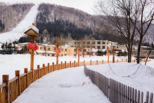 Beautiful view of the mountains in the village at China's Snow town of Harbin 