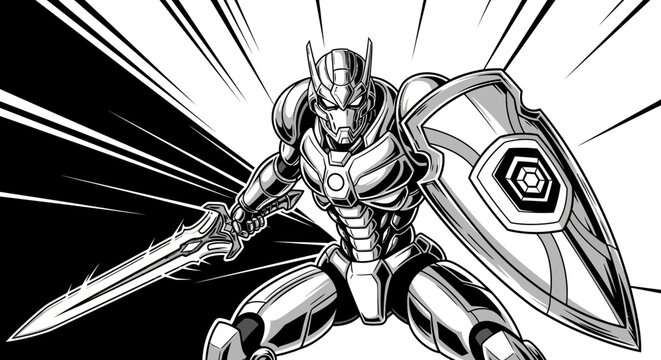 Dynamic armored robot warrior wielding sword and shield, futuristic battle hero, striking manga-style action illustration