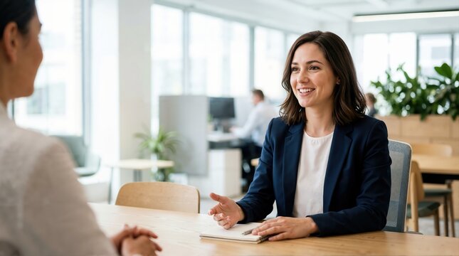 Smiling female assistant talking during a job interview in a modern office. Professional businesswoman with notebook conducting a meeting at desk. Human resources and recruitment concept