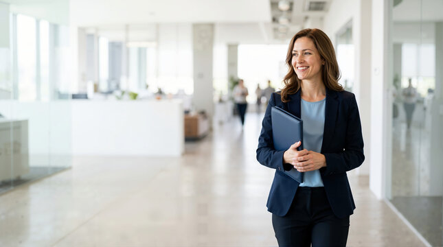 Smiling businesswoman walking with folder in modern office. Confident female corporate professional holding portfolio in bright workplace corridor