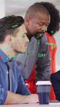 Vertical video: Mgr leaning pointing at blue folder coming man reading office data with HUD showing