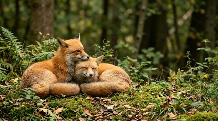 Fototapeta premium Two red foxes curled up and resting together in a forest. Romantic wild animal couple sleeping on mossy ground. Wildlife affection in natural woodland habitat