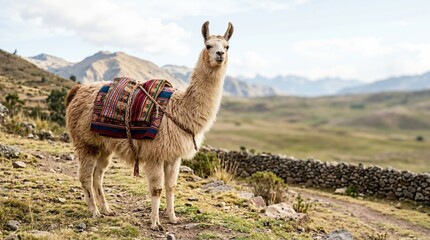 Fototapeta premium Light brown llama wearing a colorful woven blanket standing on a grassy hill. South American mountain landscape with stone wall and cloudy sky