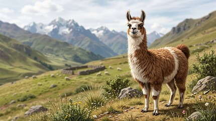 Fototapeta premium Brown and white llama standing in a green mountain valley with snow-capped peaks. South American Andean landscape illustration