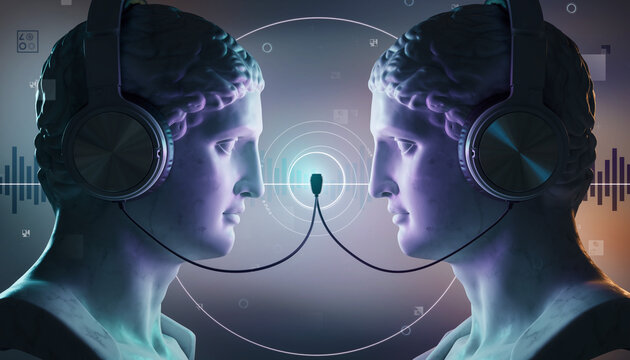 Two statues face each other with headphones connected by a wire in a modern digital setting