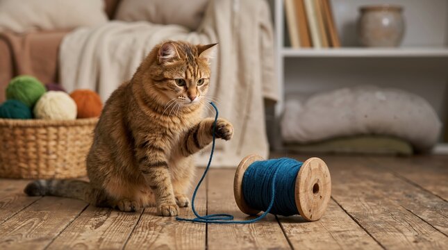 Fluffy brown tabby cat playing with blue yarn on a wooden floor. Playful pet with a large wooden spool of thread in a cozy living room