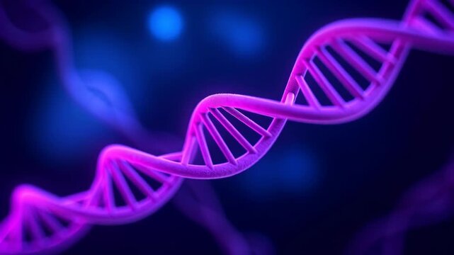 DNA helix rotates in dark space. Genetic molecule structure. Computer-generated microscopic view. Molecular biology, genetic information storage. Concept of heredity and evolution.