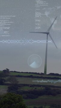 Vertical video: Wind turbine rotating as sensor ping triggers faint HUD with blade data, waveform